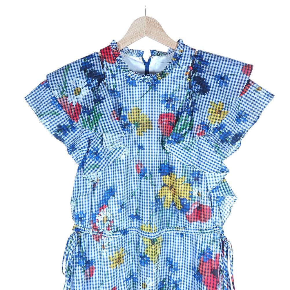 Pearl by Lela Rose Floral Gingham Dress 8 Blue White Ruffle Detail Cottagecore - Picture 4 of 15